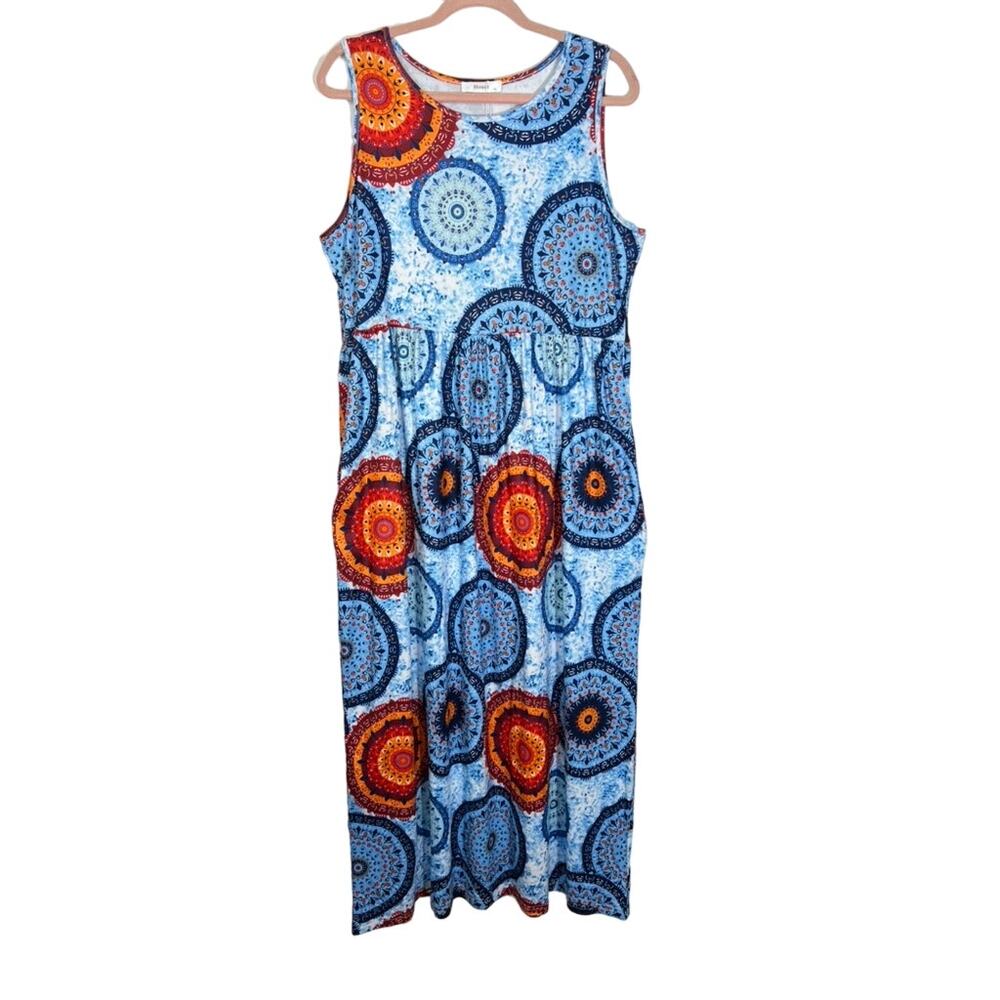 NWT Hount Blue Red Geometric Design Sleeveless Soft Stretchy Maxi Dress Size XL